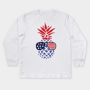 Hawaiian Pineapple American Flag Sunglasses 4th of July Kids Long Sleeve T-Shirt